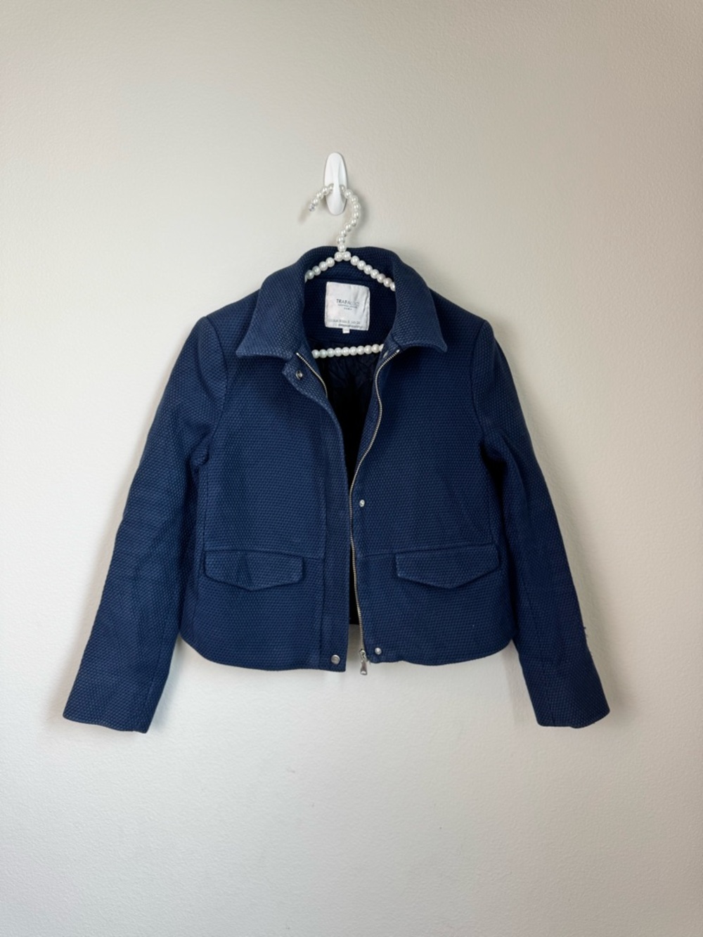 Zara Navy crop Textured Zip Jacket